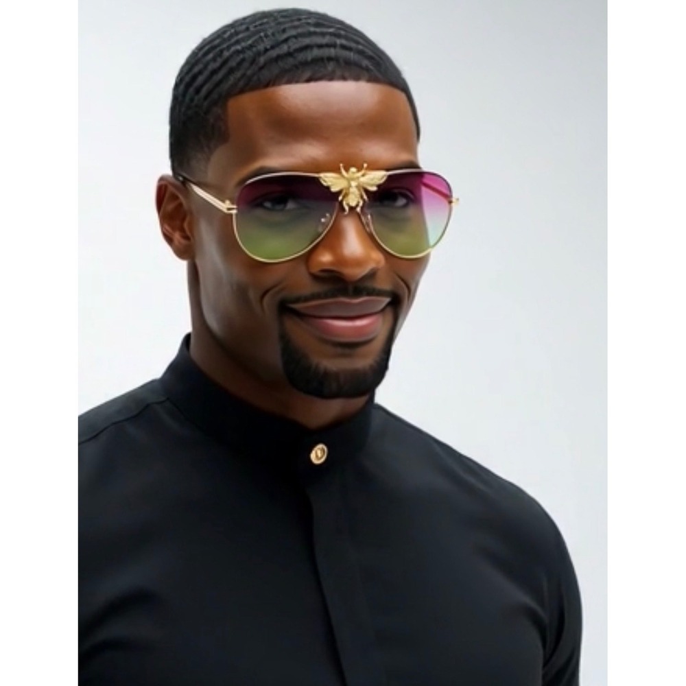 Gold Sunglasses Men Rimless Magenta Green Gradient Lens Metal Frame Hip Hop 2026